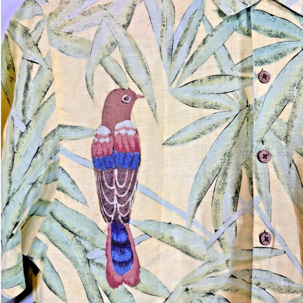 Tommy Bahama XL Button Up S/S Hawaiian Shirt 100% Linen Yellow Birds of Paradise - Picture 2 of 5